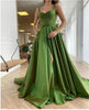 Iridescent Green A Line Long Evening Dresses With Buttoned