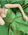 Iridescent Green A Line Long Evening Dresses With Buttoned