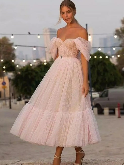 Off the Shoulder Pink Dot Tulle Sweetheart Evening Dress