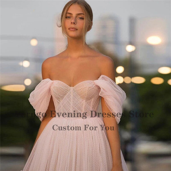 Off the Shoulder Pink Dot Tulle Sweetheart Evening Dress