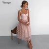 Pink Lace A Line Short Prom Dresses With Ajustable Ribbon Tie