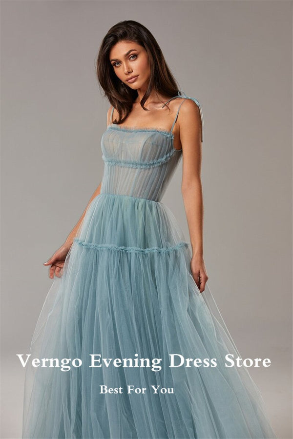 Simple A Line Dusty Blue Tulle Long Prom Dresses Spaghetti