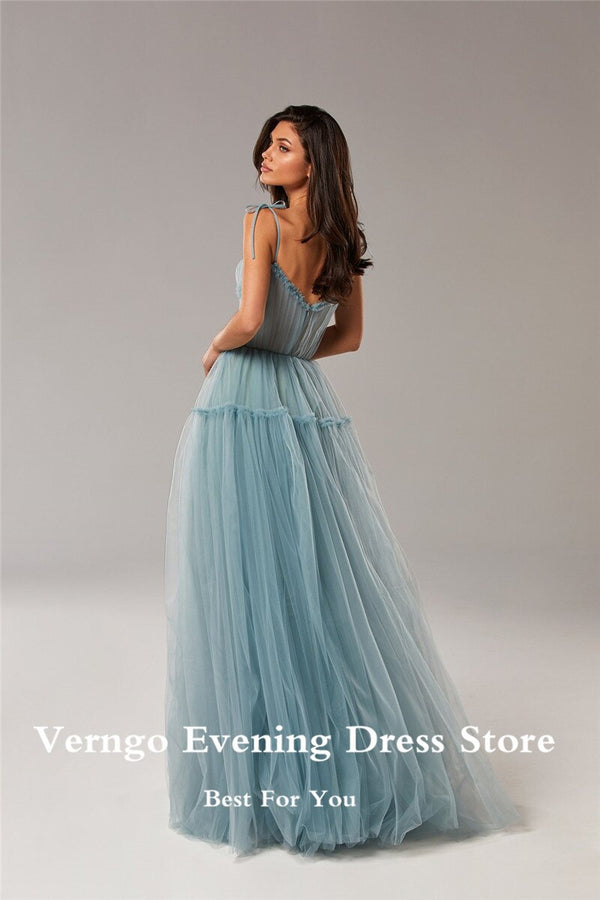 Simple A Line Dusty Blue Tulle Long Prom Dresses Spaghetti