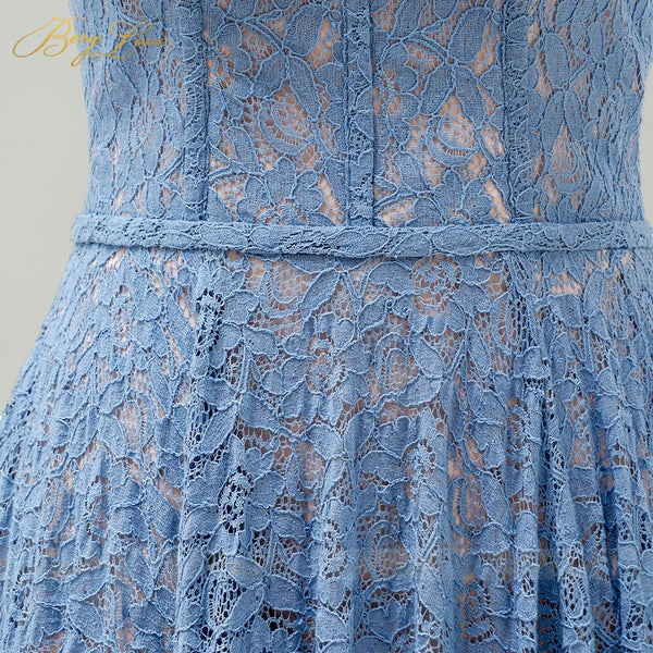 Vintage Blue Evening Dresses Long Gown Flower Lace Bodice Formal Dress
