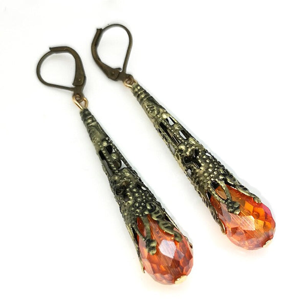 Vintage Drop Earring for Women Green Ice Crystal Retro Carving Hanging