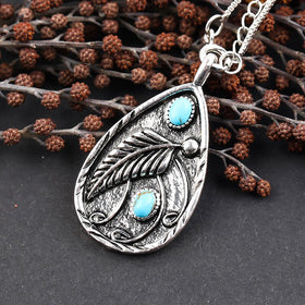 Vintage Leaf Turquoises Stone Pendant Necklace Bohemia Jewelry