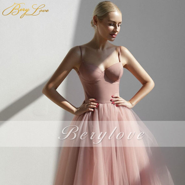 White A line Tulle Puffy Evening Dress Spaghetti Strap Sweetheart Tea