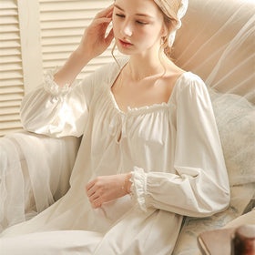 White Nightgown Sleepwear Lady Spring Autumn Long Sleeve Nightdress