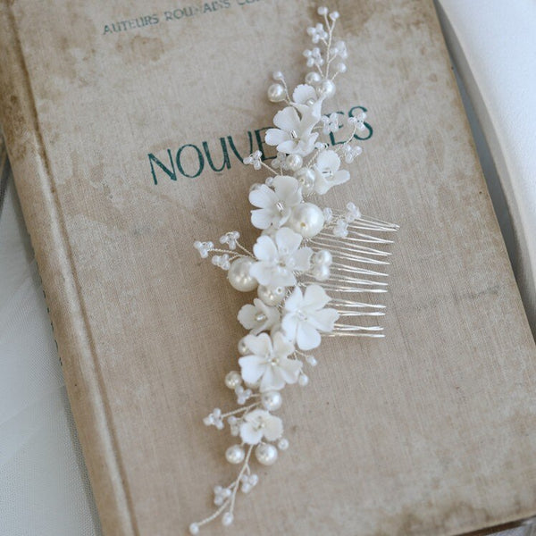 White Porcelain Flower Bridal Comb Hair Piece Pearls Wedding Jewelry