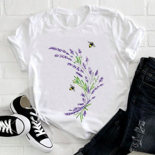 Feather Bird Short Sleeve Printing Spring Fashion Lady