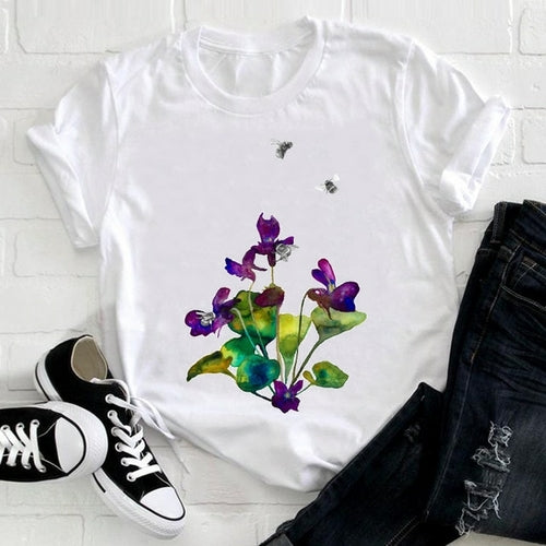 Feather Bird Short Sleeve Printing Spring Fashion Lady