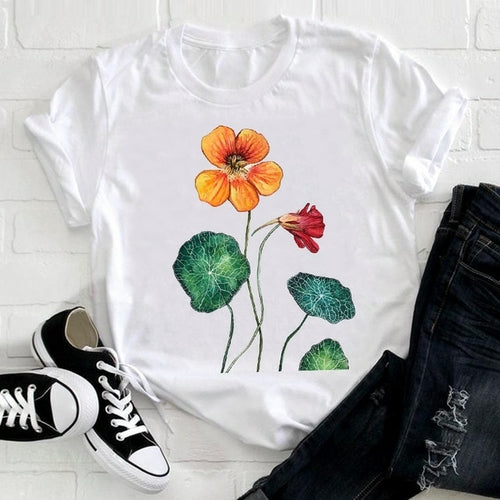 Feather Bird Short Sleeve Printing Spring Fashion Lady