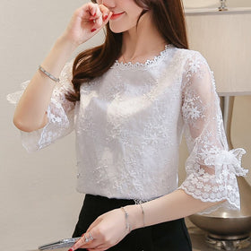 Women Blouse O Neck Summer 2021 New Lace Loose Fashion Hollow Bow Half