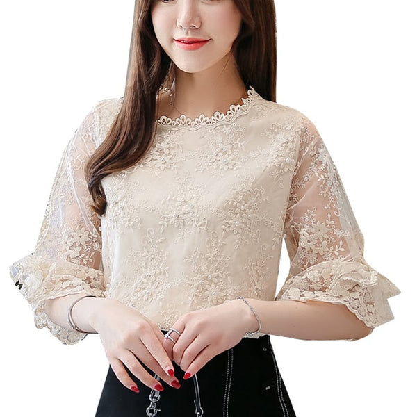 Women Blouse O Neck Summer 2021 New Lace Loose Fashion Hollow Bow Half