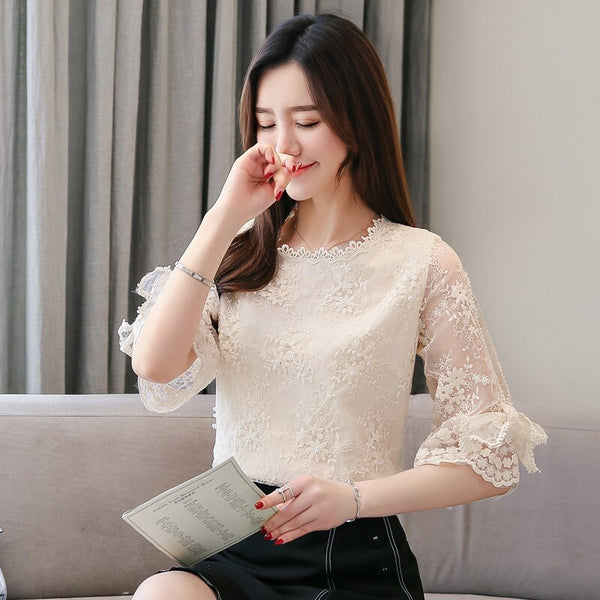 Women Blouse O Neck Summer 2021 New Lace Loose Fashion Hollow Bow Half