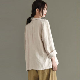 Women Cotton Linen Casual Blazer Jacket