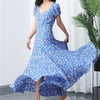 Women Dress Irregular Neckline Puff Sleeve Printed Large Skirt Long