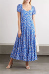 Women Dress Irregular Neckline Puff Sleeve Printed Large Skirt Long