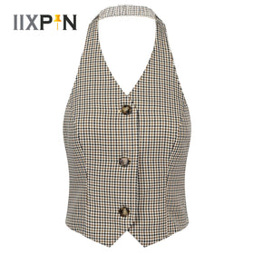 Women Female Halter Plaid Vest Backless Sleeveless Button Down