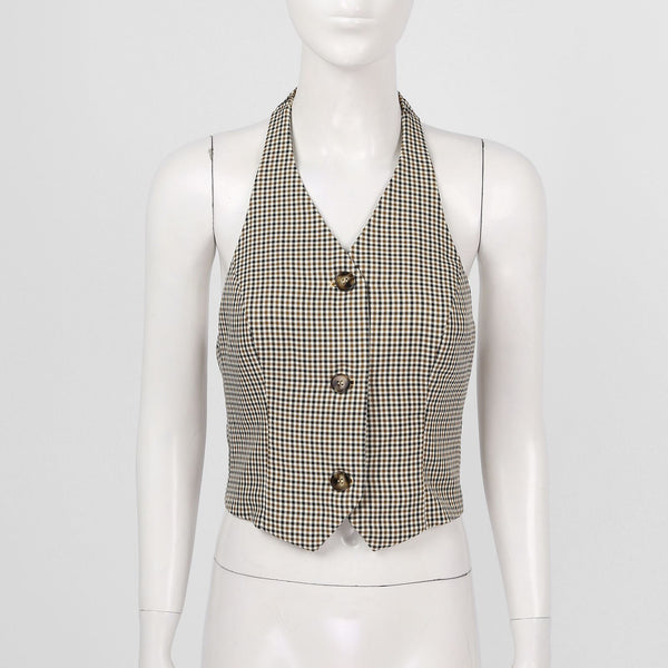 Women Female Halter Plaid Vest Backless Sleeveless Button Down