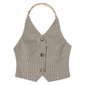 Women Female Halter Plaid Vest Backless Sleeveless Button Down