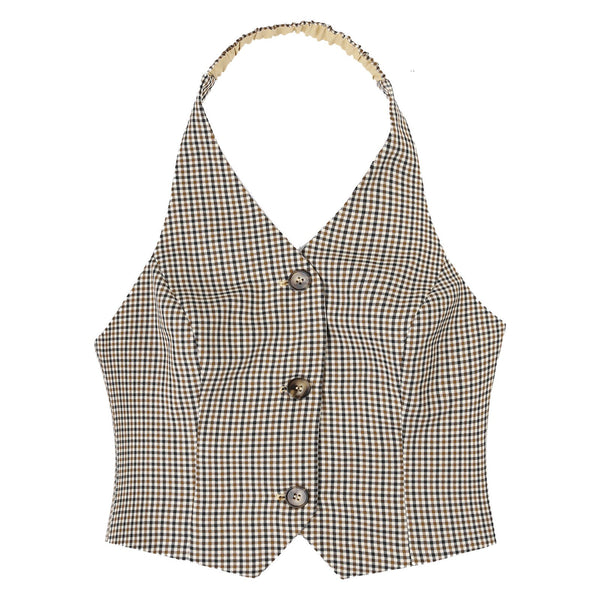 Women Female Halter Plaid Vest Backless Sleeveless Button Down