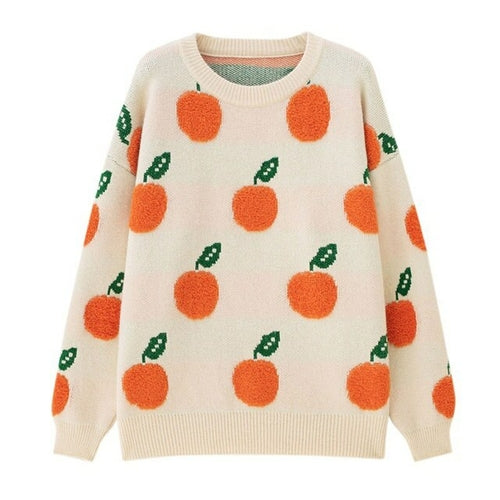 Women Loose Knit Sweater, Adults Casual Orange Pattern Long Sleeve