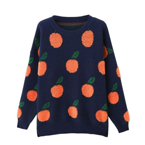 Women Loose Knit Sweater, Adults Casual Orange Pattern Long Sleeve