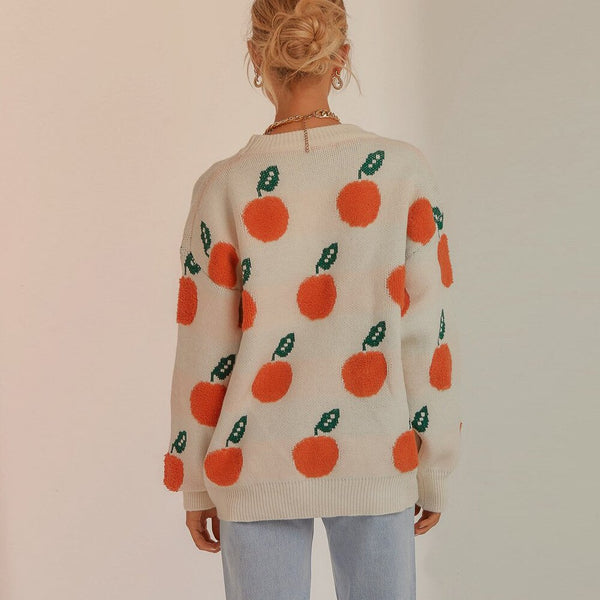 Women Loose Knit Sweater, Adults Casual Orange Pattern Long Sleeve