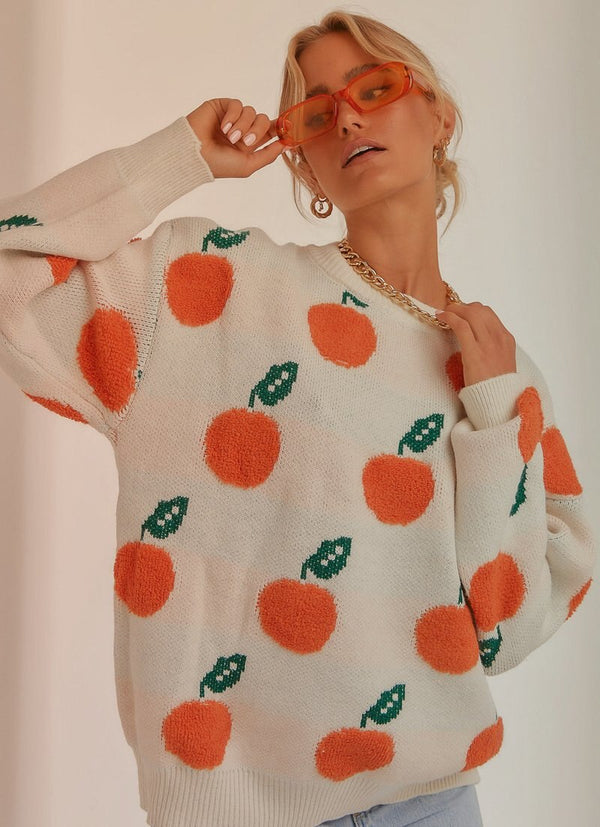 Women Loose Knit Sweater, Adults Casual Orange Pattern Long Sleeve