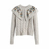 Women New Retro Sweet Flower Embroidery Lapel Sweater Female