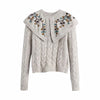 Women New Retro Sweet Flower Embroidery Lapel Sweater Female