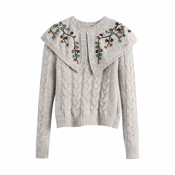 Women New Retro Sweet Flower Embroidery Lapel Sweater Female