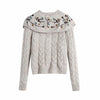 Women New Retro Sweet Flower Embroidery Lapel Sweater Female