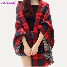 Women Red Faux Cashmere Shawl Double Faced Plaid Blanket Scarf