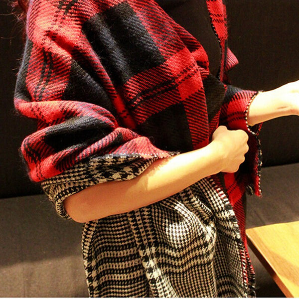 Women Red Faux Cashmere Shawl Double Faced Plaid Blanket Scarf