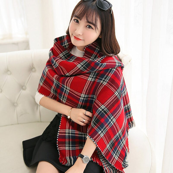 Women Red Faux Cashmere Shawl Double Faced Plaid Blanket Scarf