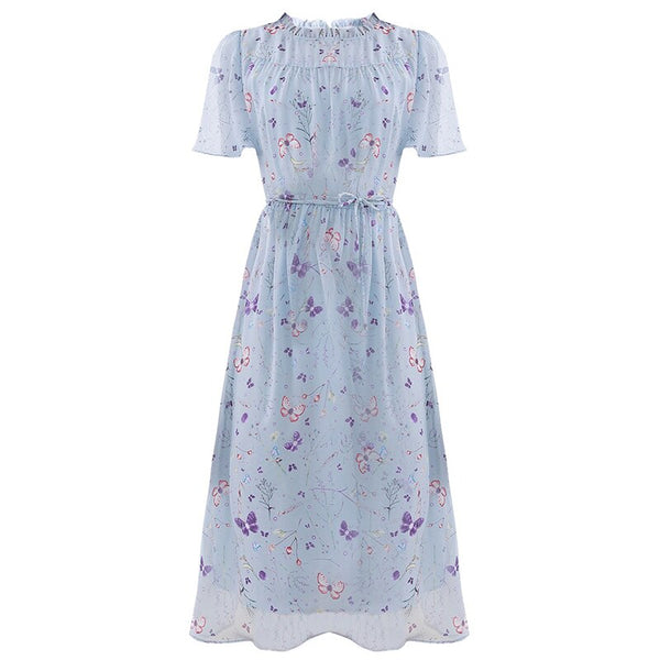 Women Summer Blue Chiffon Dresses Floral Printed Dress A line