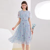 Women Summer Blue Chiffon Dresses Floral Printed Dress A line