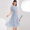 Women Summer Blue Chiffon Dresses Floral Printed Dress A line