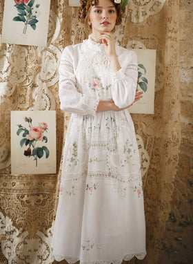 Women Vintage SpringAutumn Elegant Cotton White Long Ladies Retro