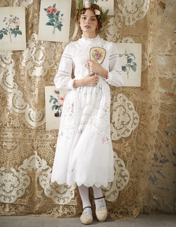 Cottagecore Wedding Dress Vintage White Lace Retro Sweet Women's Fashion