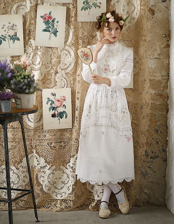 Cottagecore Wedding Dress Vintage White Lace Retro Sweet Women's Fashion