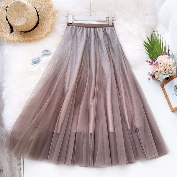 Women's Fashion High Quality Gradient Mesh Skirt Female High Waist