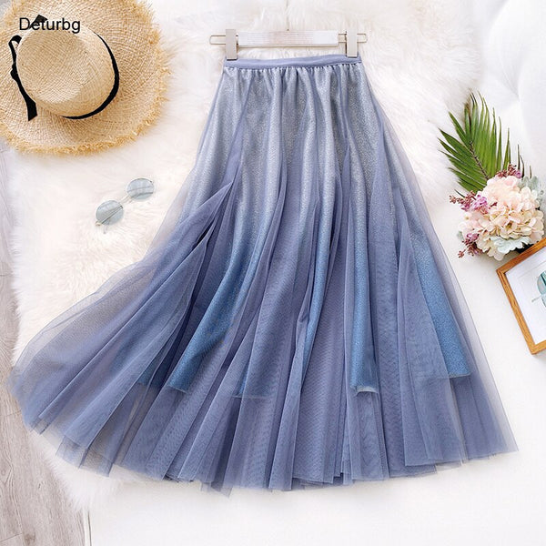 Women's Fashion High Quality Gradient Mesh Skirt Female High Waist