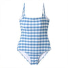 Women's One Piece Swimsuit Blue Plaid Halter Shown Cleavage Backless