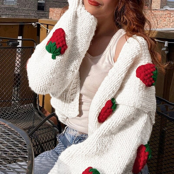 Women's Strawberry Knit Cardigan Puff Sleeve Button Down Cropped