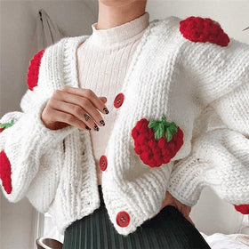 Women's Strawberry Knit Cardigan Puff Sleeve Button Down Cropped