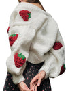 Women's Strawberry Knit Cardigan Puff Sleeve Button Down Cropped