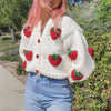 Women's Strawberry Knit Cardigan Puff Sleeve Button Down Cropped